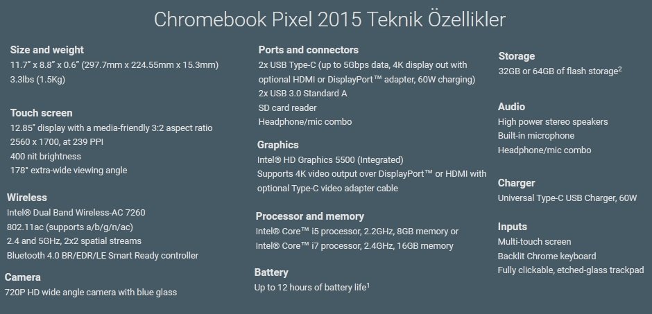 Chromebook Pixel 2015 Teknik Ozellikler