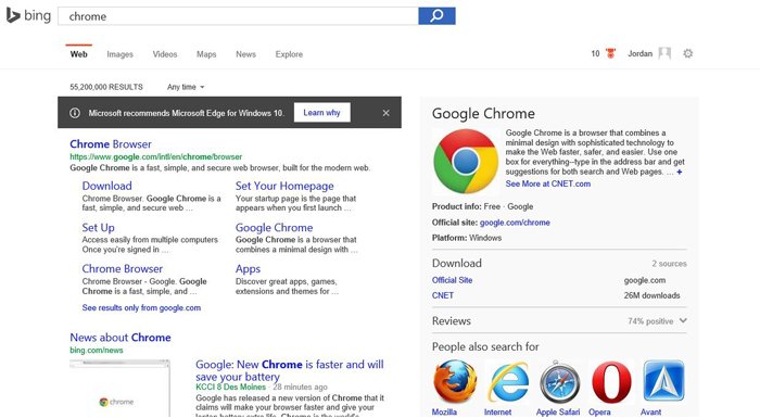 Microsoft, Bing'de Chrome ve Firefox aratanları Edge'e yönlendirecek