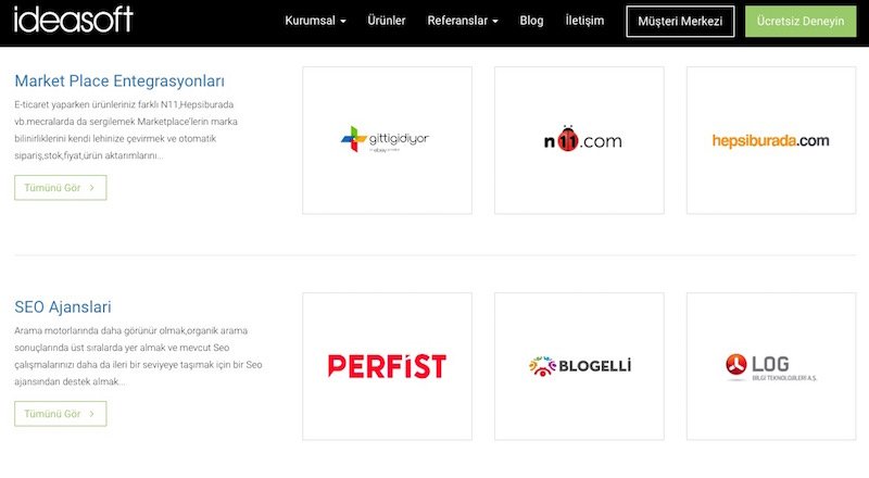 ideaSoft çözüm merkeziyle e-ticaret müşterileri için bir tür uygulama mağazası sunuyor