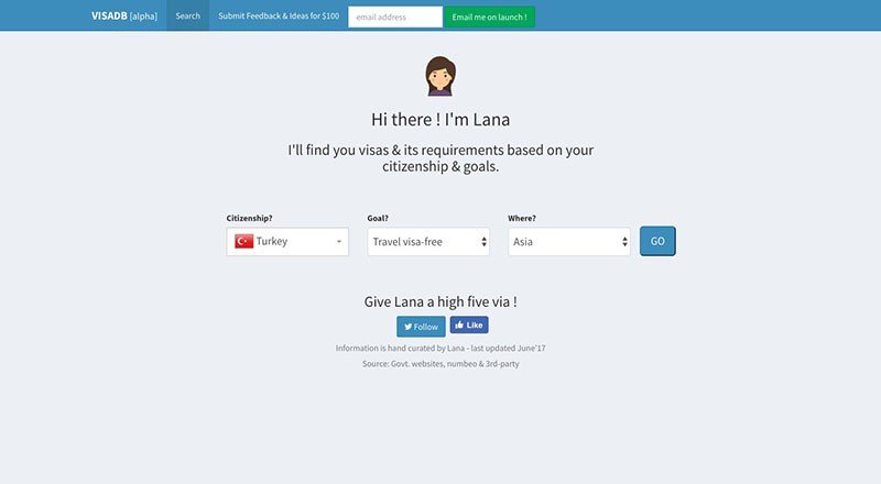 Vizesiz gidebileceğiniz ülkeleri listeleyen site: VisaDB