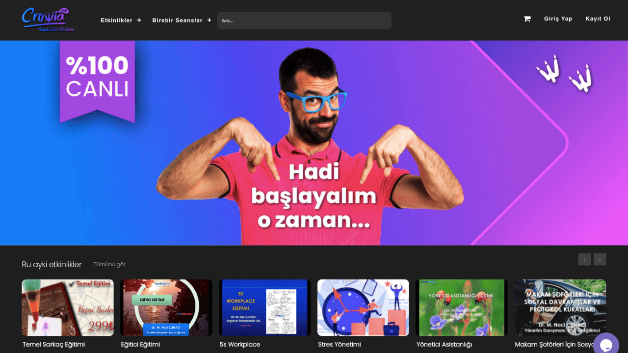 Canlı online eğitim, etkinlik ve danışmanlık hizmetleri için pazar yeri: Crowia