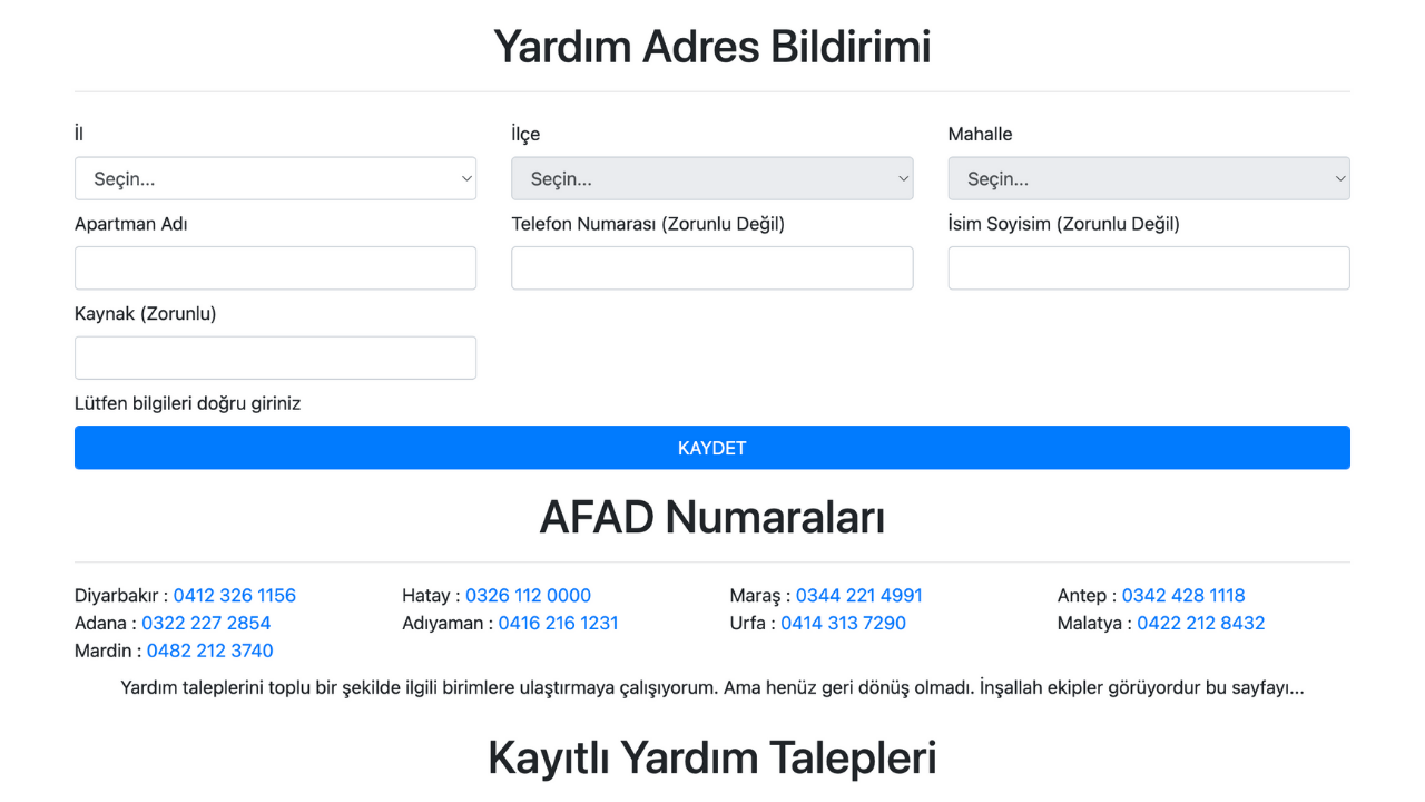 Yardım taleplerini tek bir noktadan sunan platform: Depremyardim.com