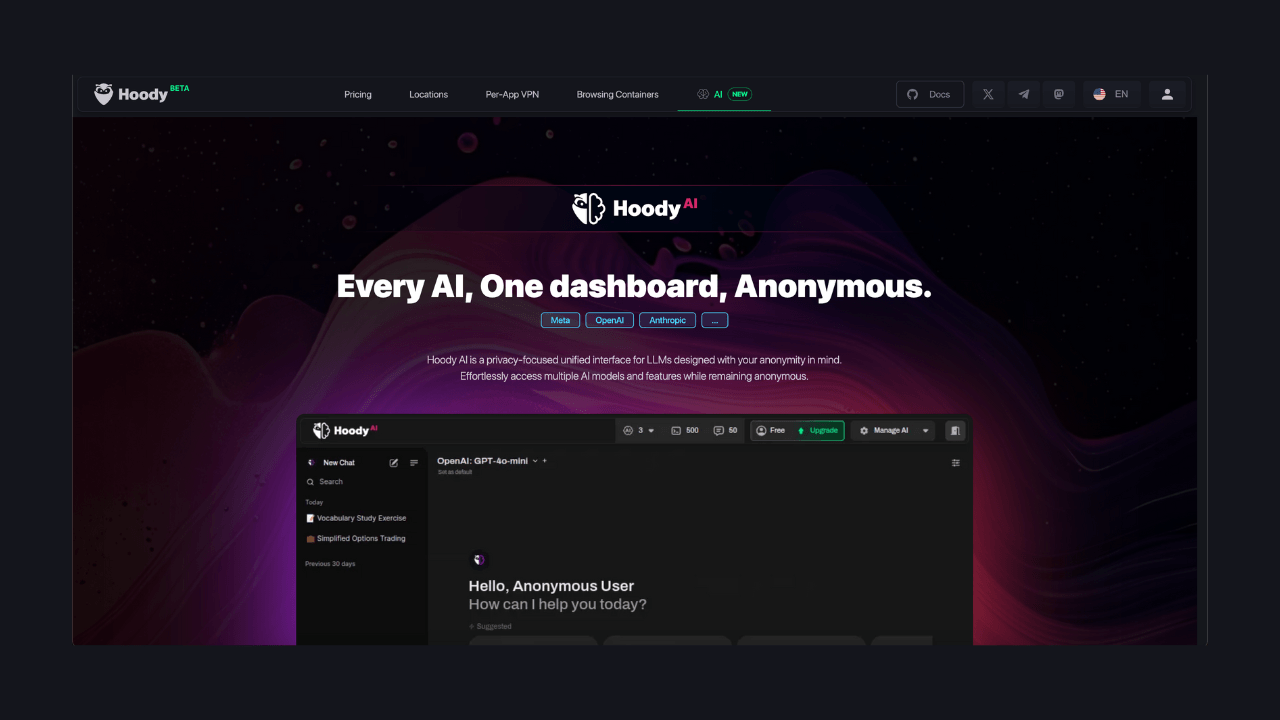 Yapay zeka modellerine anonim olarak tek bir panelden erişmenizi sağlayan araç: Hoody AI